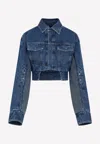 Off-white Cropped Denim Moto Jacket With Front Cutout In Blue