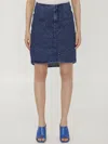 Off-white Blue Denim Motorcycle Skirt With Visible Stitching In Blue