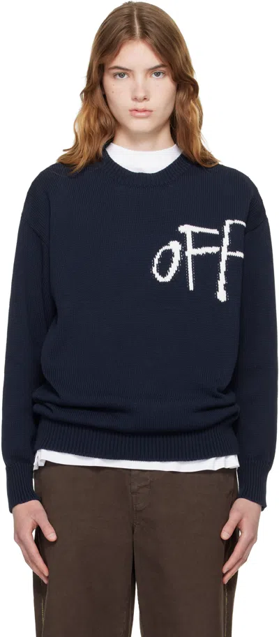 Off-white Navy Bookish Shared Cotton Knit Crewneck Sweater In Black