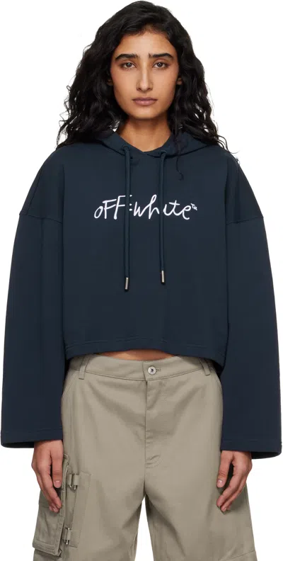Off-white Navy 'ow' Embroidered Script Indust Hoodie In Black