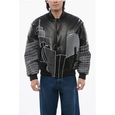 Off-white Leather Skyline Varsity Bomber In Black