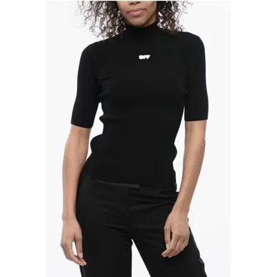 Off-white Ribbed Knit Top With Logoed Patch In Black