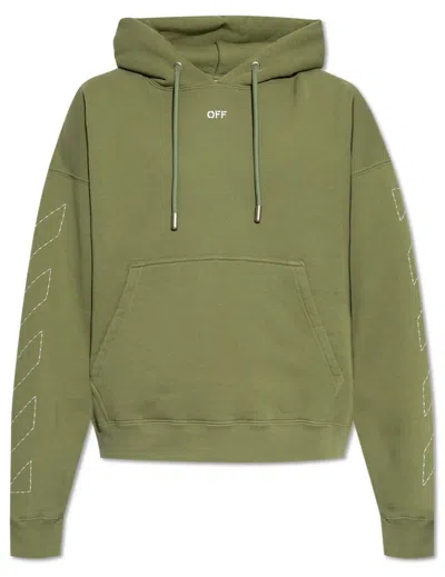 Off-white Logo-embroidered Cotton-blend Hoodie In Green