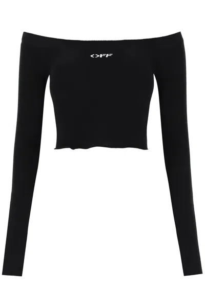 Off-white Off-shoulder Cropped Top In Thin Knit With Contrast Logo In Black