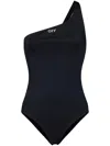 Off-white Solid Color One-shoulder One Piece Swimsuit In Black