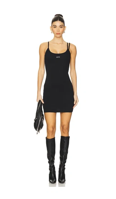 Off-white Ribbed Stretch Mini Dress With Scoop Neckline In Black