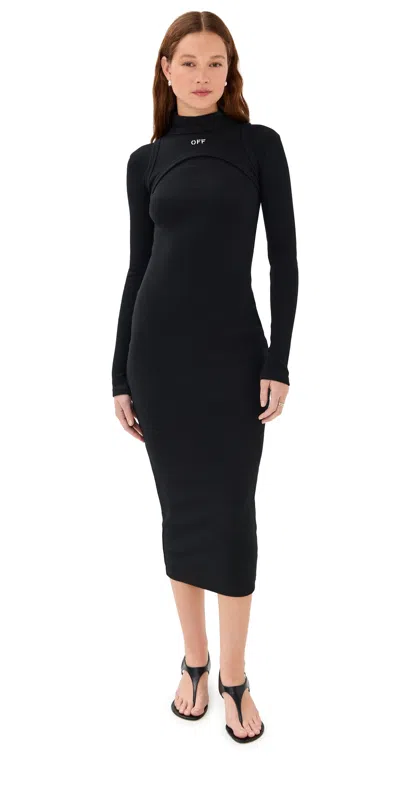 Off-white Ribbed Round Neck Long Dress In Black