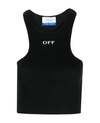 Off-white Top A Coste Con Scollo Olimpionico E Logo Off In Black