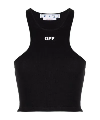 Off-white Top A Coste Con Scollo Olimpionico E Logo Off In Black