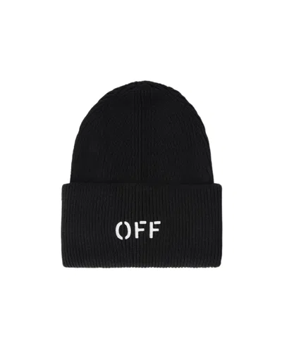 Off-white Off Stamp Ribbed-knit Beanie In Black