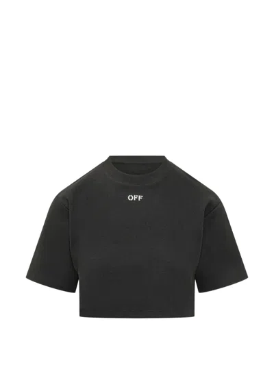 Off-white Cropped Stretch Cotton Ribbed T Shirt In Black