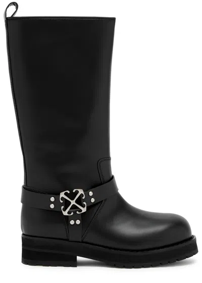 Off-white Off Track Leather Panelled Knee-high Boot In Black