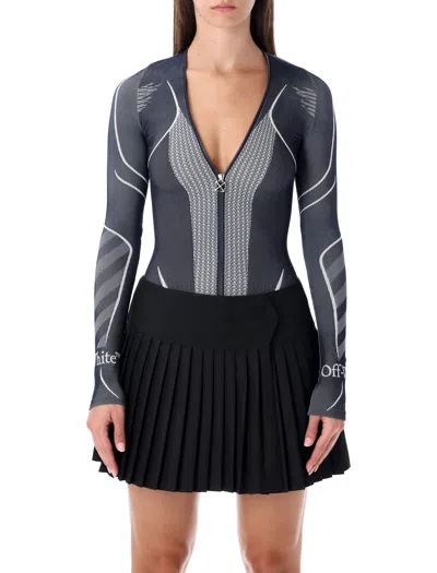 Off-white Diag Seamless Black Long-sleeve Zip Bodysuit In Multi