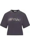 Off-white Gray Crop T-shirt With Logo Embroidery In Blue