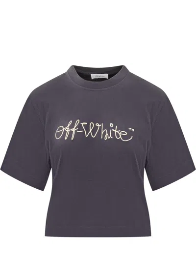 Off-white Gray Crop T-shirt With Logo Embroidery In Blue