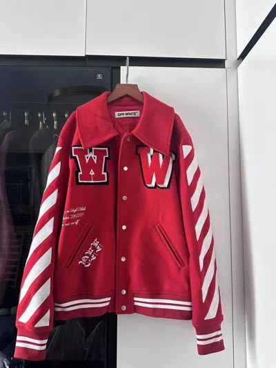 Pre-owned Off-white Og Varsity Jacket Red And White. Justin Bieber