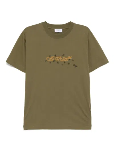 Off-white Olive Green Crewneck Logo Print T-shirt In Winter Moss - Yellow