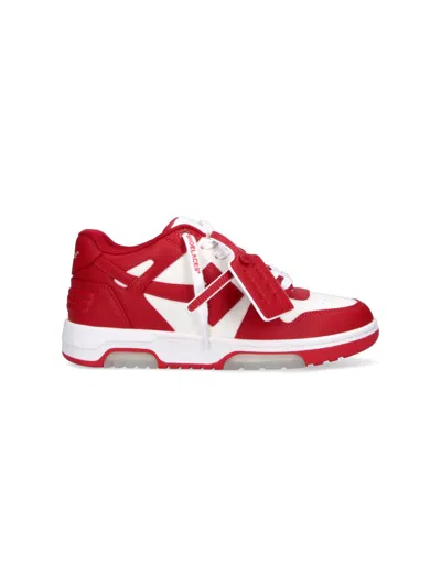 Off-white Low-top White Leather Sneakers With Iconic Branding In Red