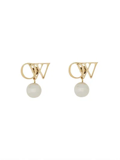 Off-white Ow Logo Plaque Drop Earrings In Gold
