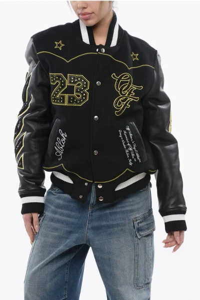 Off-white Padded Horsehoe Bomber Jacket With Leather Sleeves And All-o In Black