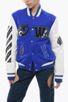 Off-white Padded Royal Bomber Jacket With Leather Sleeves And All-over In Blue