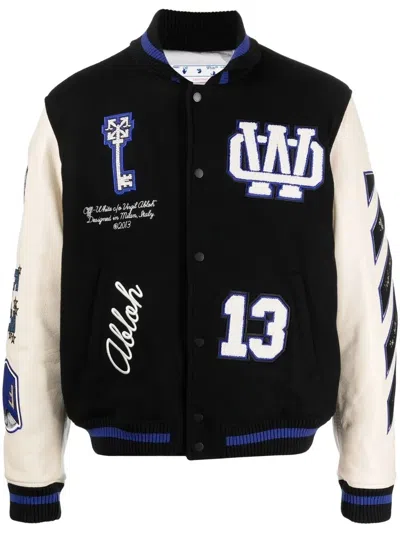 Off-white Leather Varsity Bomber With Patchwork In Multi
