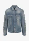 Off-white Denim Jacket With Frayed Diagonal Stripes In Blue