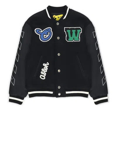 Off-white Kids' Ow Patch Varsity Jacket In Black