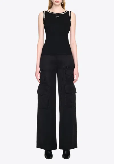 OFF-WHITE PEARL EMBELLISHED RIBBED TANK TOP