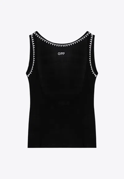 Off-white Pearl-embellished Ribbed Tank Top In Black