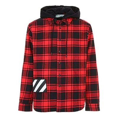 Off-white Plaid Splicing Hooded Shirt Red Black Plaid 'red Black'
