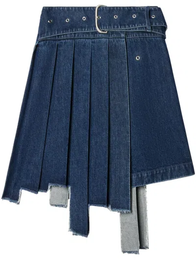 Off-white Pleated Asymmetric Denim Skirt In Blue