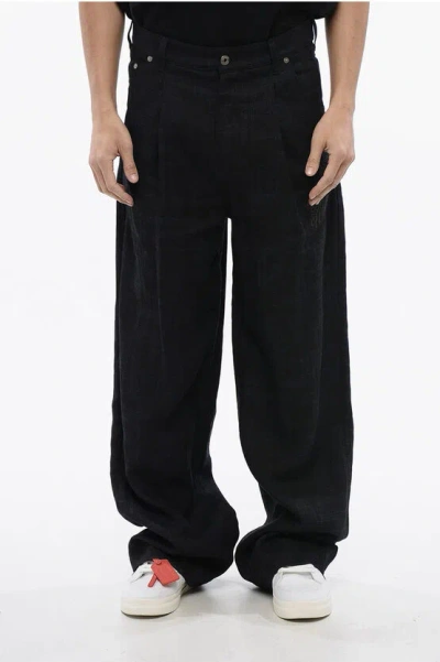 Off-white Pleated Baggy Tapered Fit 90slogo Linen Pants In Black