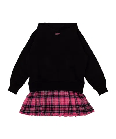 Off-white Pleated Checked Hooded Dress In Black