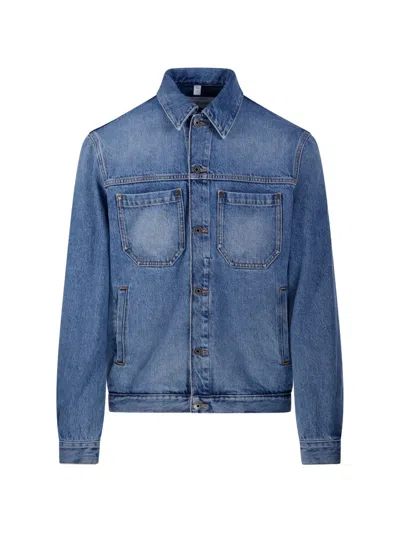 Off-white Blue Jacket With Classic Collar And Maxi Logo On The Back In Denim Man
