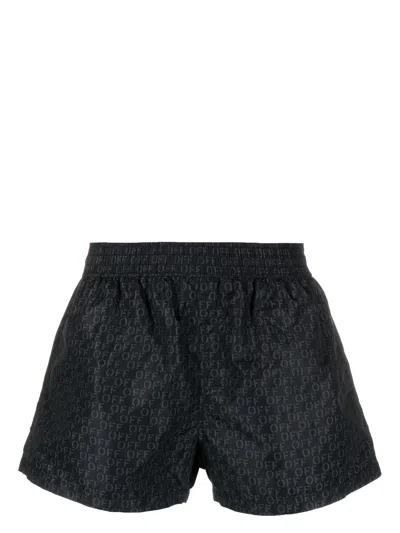 Off-white Swimming Trunks With All-over Logo In Black