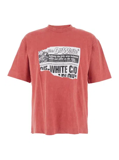 OFF-WHITE RED CREWNECK T-SHIRT WITH PRINT ON FRONT AND REAR AND FADED EFFECT IN COTTON MAN