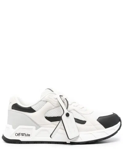 OFF-WHITE RETRO SPORTS STYLE WHITE AND BLACK LEATHER SNEAKERS WITH ZIP TIE TAG