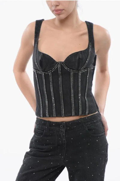 Off-white Rhinestoned Denim Bling Bustier Top In Black