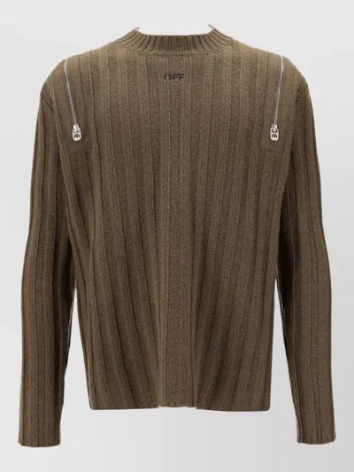 Off-white Rib Knit Sweater Side Zip Long Sleeves In Green