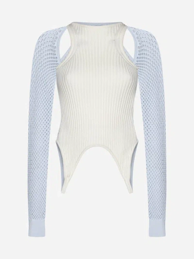 OFF-WHITE RIBBED AND MESH KNIT LTOP