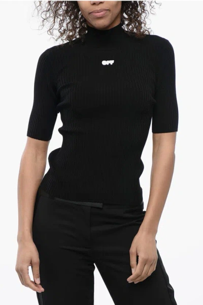 Off-white Ribbed Knit Top With Logoed Patch In Black
