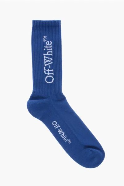 Off-white Ribbed Long Socks With Contrasting Logo In Blue