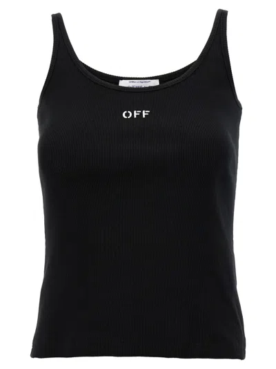Off-white Ribbed Stretch Cotton Top With Contrast Logo In Black