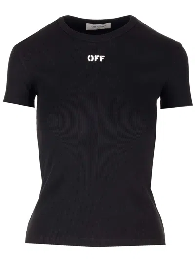OFF-WHITE RIBBED T-SHIRT WITH LOGO