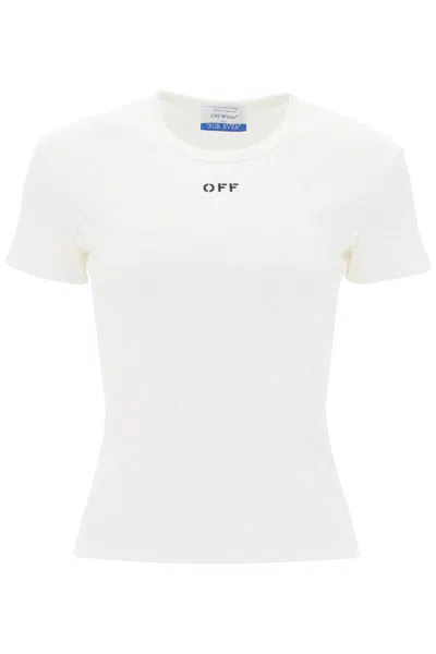 OFF-WHITE RIBBED T-SHIRT WITH OFF EMBROIDERY