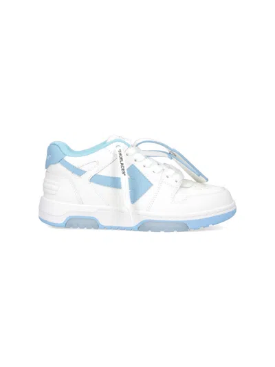 Off-white Rounded Toe Low-top Sneakers With Iconic Details And Blue Accents In White