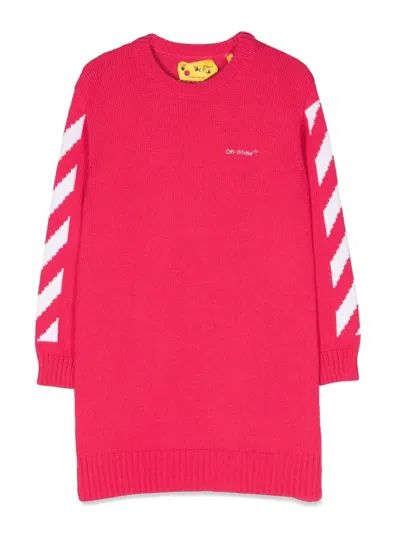 Off-white Kids' 箭头图案印花长袖t恤式连衣裙 In Fuchsia