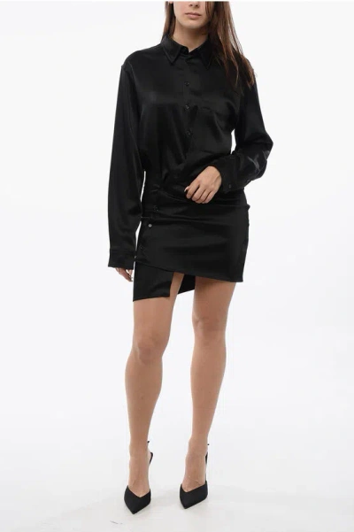 Off-white Satin Twist Wrap Shirt Dress In Black