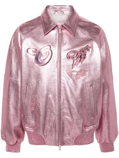 Off-white Pink Scorpion Leather Raglan Varsity Jacket